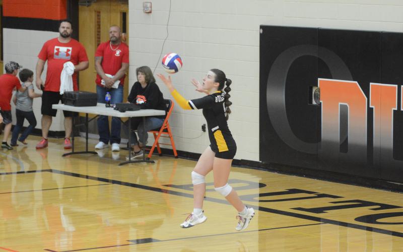 EMILY CLONTS (9) has been a rockstar outside hitter for the Lady Eagles this season and will be one of the four seniors graduating from the team. Clonts is a leader on the court, constantly encouraging her team after every serve. In the recent semifinals game against Owensville, she recorded 20 attacks, 5 kills, 2 points, and an ace. Photo by Will Johsnon. Article Image Alt Text
