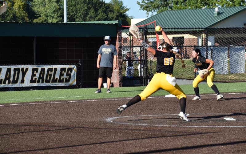 EVVIE BLANKENSHIP had an incredible performance over the Windsor Owls. She recorded 10 strikeouts while allowing only 5 hits and 2 runs over seven innings. At bat, Blankenship scored a run and drove in a RBI. Photo by Wyatt Hardy. Article Image Alt Text