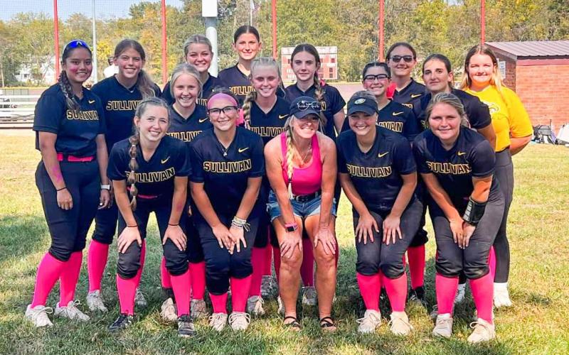 PINK OUT. The Lady Eagles wore pink in the championship for Holly Crump. Photo via Sullivan Eagles Softball Facebook Article Image Alt Text
