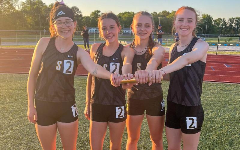 SECTIONAL QUALIFIERS. The 4x400-meter relay superteam consisting of, from left to right, Breanna Mayberry, Karlee Head, Mariah Denney and Eva Heady finished second place with a season-best time of 4:08.58. Photo via Sullivan Eagles Track and Field X Article Image Alt Text