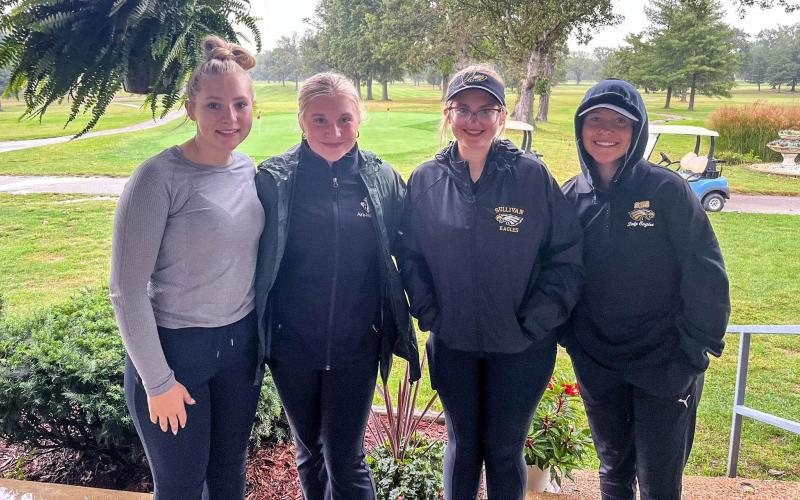 SULLIVAN TAKES THE COURSE. Sullivan had four varsity golfers who played at a home Four Rivers Conference Tournament on Friday, Sept. 27. They are pictured from left to right: Izzy Peterson, Kennedy Kloos, Lillie Craig, and Claire Yoest. Photo via Sullivan Eagles X Article Image Alt Text