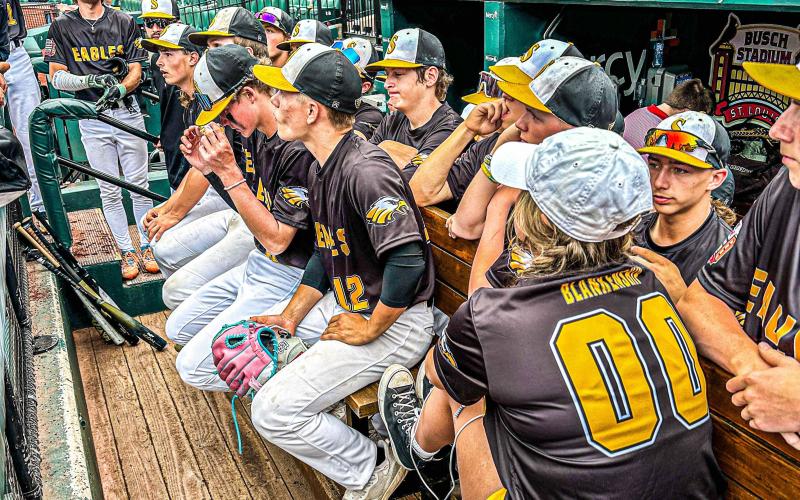 EYES GLUED. The Eagles intently watch the game from their dugout at Busch Stadium. Photo by Extra Innings Photography Article Image Alt Text