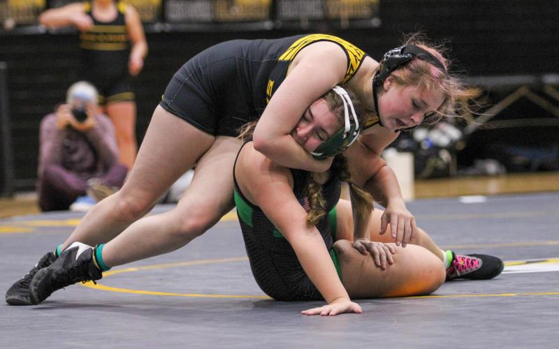 STARR HARDESTY showed grit in her Ste. Genevieve dual. She battled her opponent to the wire at 5:11. Photo by Wyatt Hardy Article Image Alt Text