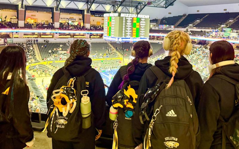 ENTER THE ARENA. The Lady Eagles stand in awe and gaze at the Mizzou Arena when first walking in. Photo by Heidi Blankenship Article Image Alt Text