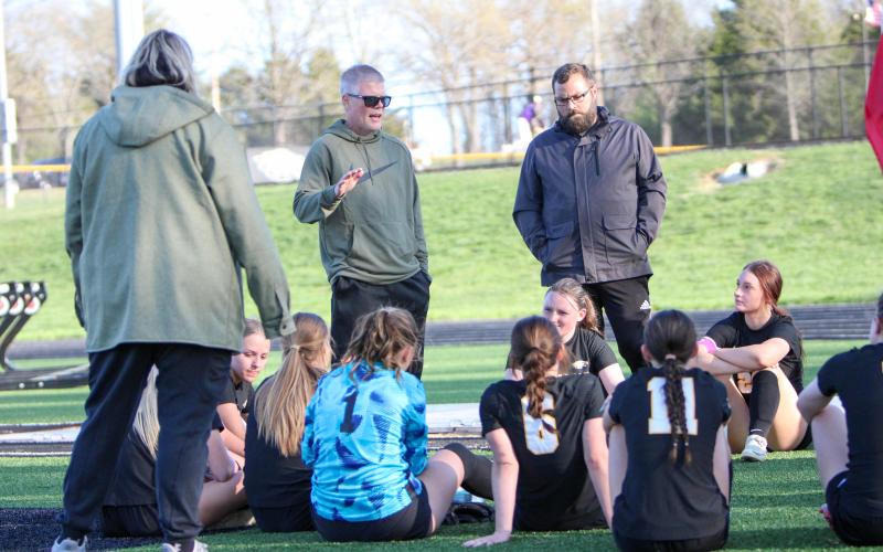 HUDDLE UP. The Lady Eagles huddle at halftime. Photo by Wyatt Hardy Article Image Alt Text