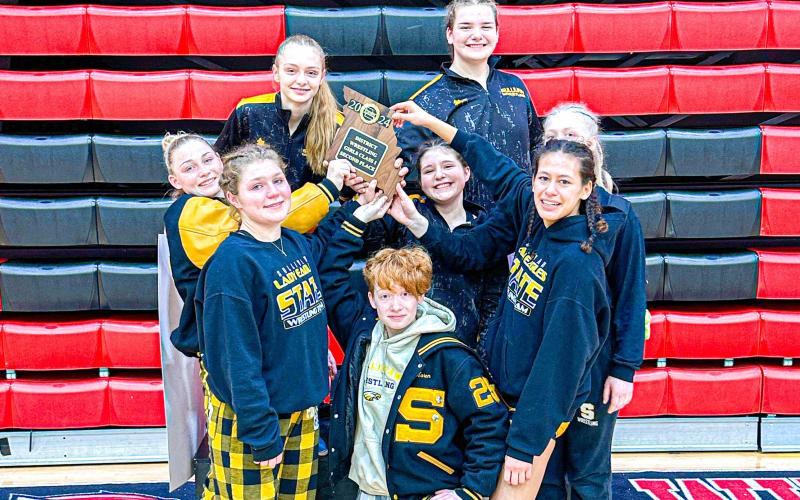 DISTRICT RUNNER-UPS. The girls’ wrestling team landed 2nd out of 27 teams at the Class 1 District 1 Tournament that was hosted in Union from Feb. 9–10. It is the highest finish at Districts for Sullivan in program history. There were seven state qualifiers: Mariah Denney, Abigail Erfurth, Jade Studdard, Dorie Richardson, Mariah Schatzl, Chloe Carson and Ruby Daily. Photo by Extra Innings Photography. Article Image Alt Text