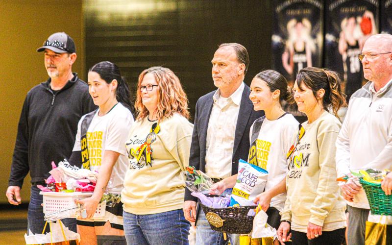 GIRLS BASKETBALL SENIOR NIGHT. Sullivan celebrated senior guards Delaney George, Raegan Johnson, Hayli Venable and managers Aleah Hunter, Meghana Patel and Alee McClain-Williams for their commitments to the program. Photo by Wyatt Hardy. Article Image Alt Text