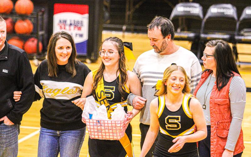 CHEER ON THE SENIORS. The senior cheerleaders recognized on the night of Tuesday, Feb. 6 were Abigail Hawkins, Shayla Skaggs, Zehn Porter, Emily Clonts and Annabelle Coleman. Photo by Wyatt Hardy. Article Image Alt Text