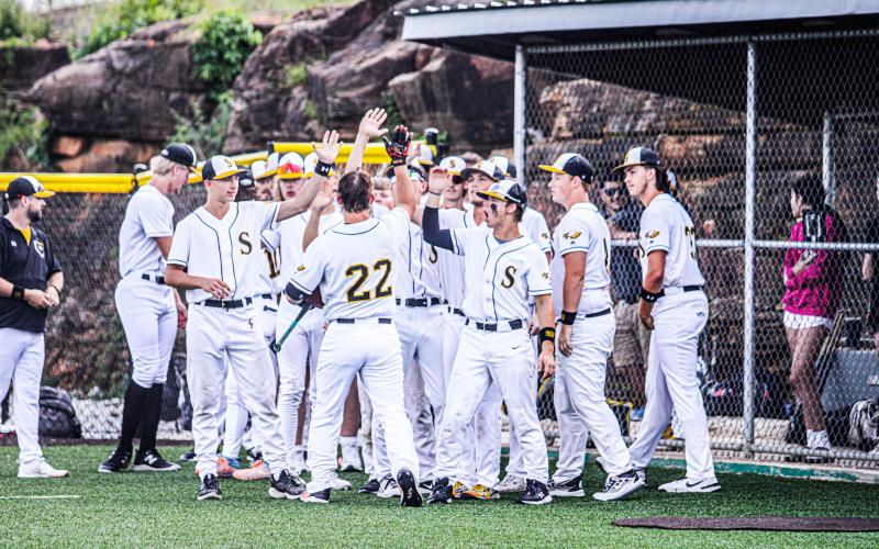 WELCOME BACK HOME. Dayton Skaggs is greeted by the Eagles after his home run. Photo by Wyatt Hardy Article Image Alt Text