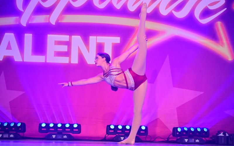 TOP TEEN SOLOIST. Sara Smith won the 2024 Teen Title Award at the Applause Talent Nationals. The fifteen-year-old dancer also received an Elite Platinum for “Overdose” and a Double Platinum for “Feeling Good.” Photo by Applause Talent Article Image Alt Text