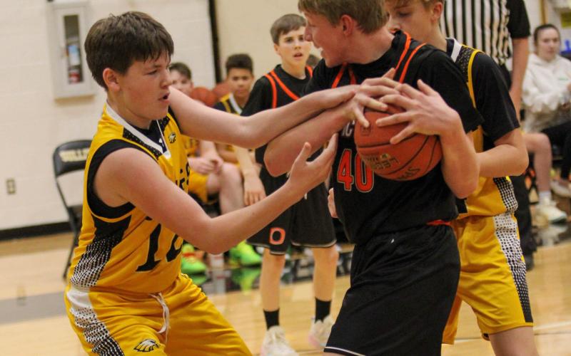 JAWS OF DEFEAT. Jackson Davis (12) topped Sullivan with nine points in their 34-27 upset over the Dutchmen. He led them to erase a fifteen-point deficit in the final eight minutes and save their season. Photo by Wyatt Hardy Article Image Alt Text