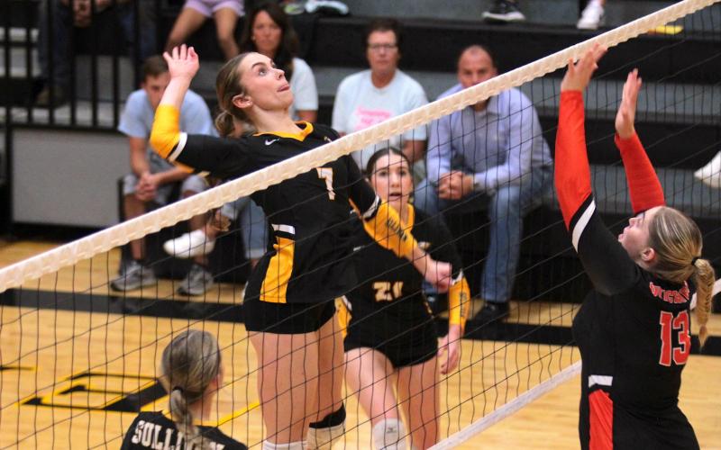 RISING STAR. Sophomore Abby Record (7) unleashed her dominance against Owensville, making 22 attacks, 4 aces, 4 kills, 9 points and 3 blocks. Photo by Wyatt Hardy. Article Image Alt Text