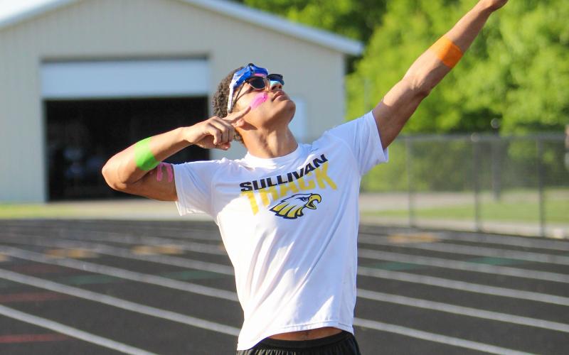 JAVELIN KING. Robert York II broke his javelin record at Sullivan High School with a throw of 58.61 meters. He was also the district champion of the event. Photo by Wyatt Hardy @ 5/9 Intrasquad Meet Article Image Alt Text