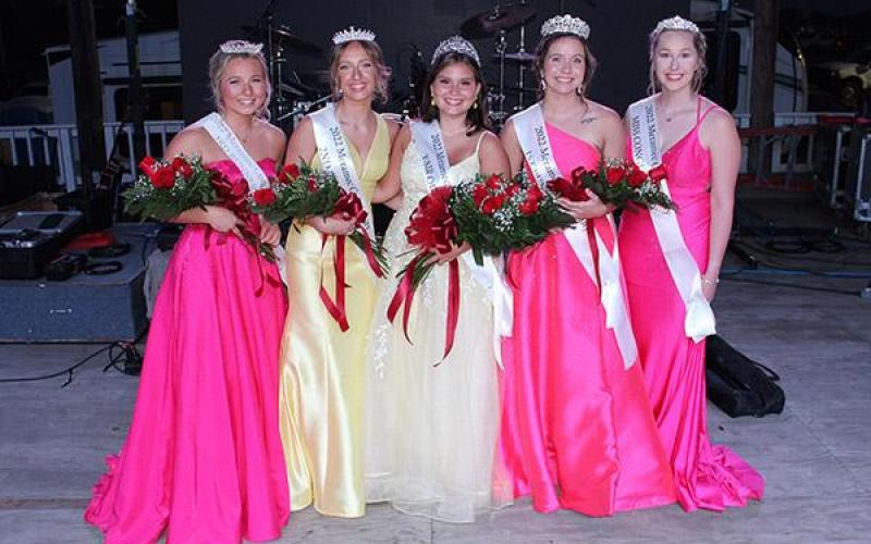 Morgan Clonts, 3rd Runner-Up; Riley Branson, 2nd Runner-Up; 2022 Fair Queen, Myah Massie; Khloe Harbour, 1st Runner-Up; and Jenna Leasor, Miss Congeniality. Article Image Alt Text