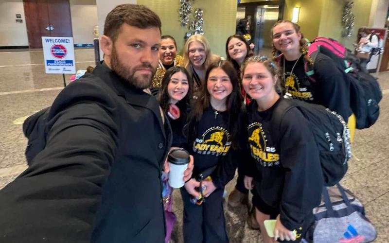 #ONELASTSELFIE. Five Lady Eagles wrestled in Columbia, and two medaled. Photo via Sullivan Lady Eagles Wrestling Facebook Article Image Alt Text
