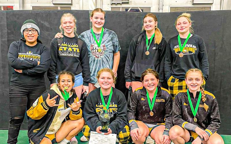 DESOTO RUNNER-UPS. Lady Eagles finished in 2nd place out of 18 teams at the Lady Dragon Wrestling Classic. Sullivan had seven medalists, and four landed 1st in their class. Photo via Sullivan High School Wrestling X Article Image Alt Text