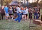 Chapter President Tyler Hesse prepares students for the bale stacking competition at the September FFA meeting held at Rohrer Park.